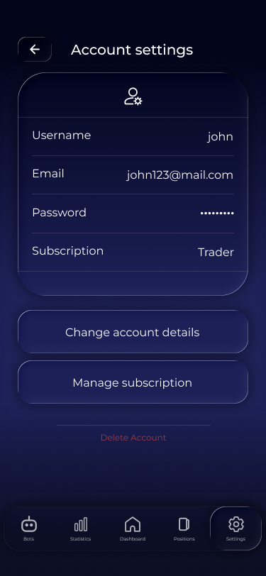Account screen