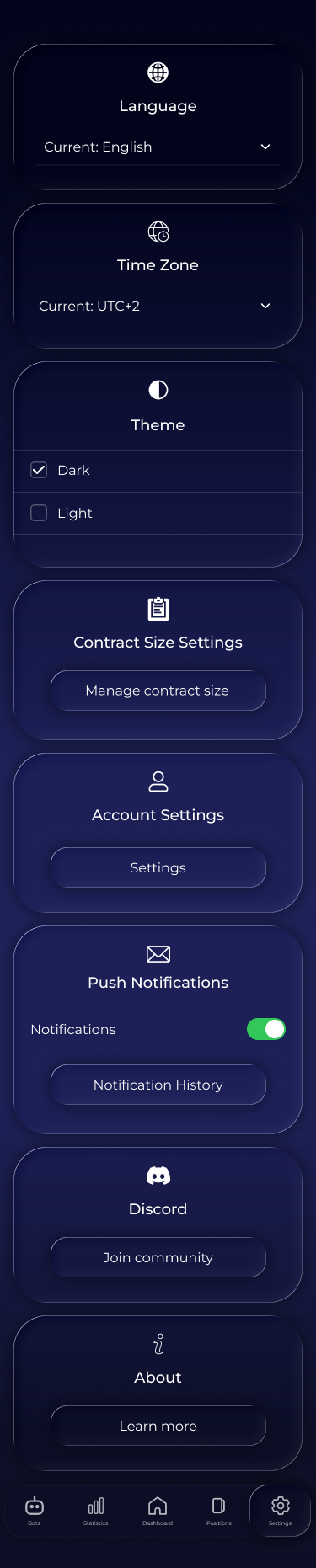 Settings screen